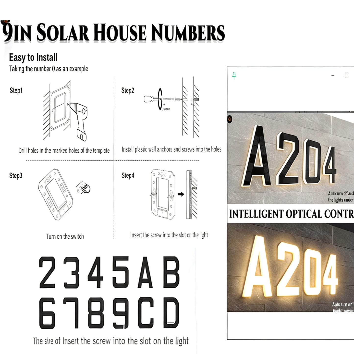 LED Solar House Numbers - IP65 Waterproof Personalized Illuminated Outdoor Address Sign for Home, Hotel & Bar 23/17/12CM