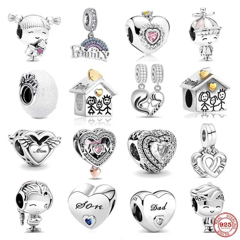 Europe 925 Silver Family Charm Pendant - Boy, Girl, Mom & Sisters Bead for Pandora Bracelet, Sparkling Dangle Jewelry