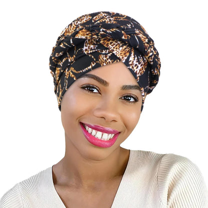 African Print Turban Headband Cap - Twisted Braid Head Wrap with Skullcap Style for Women