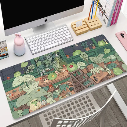 Cute Cat Gaming Mouse Pad - XL Green Plant Design XXL Desk Mat for Keyboard Computer Laptop Gamer Setup