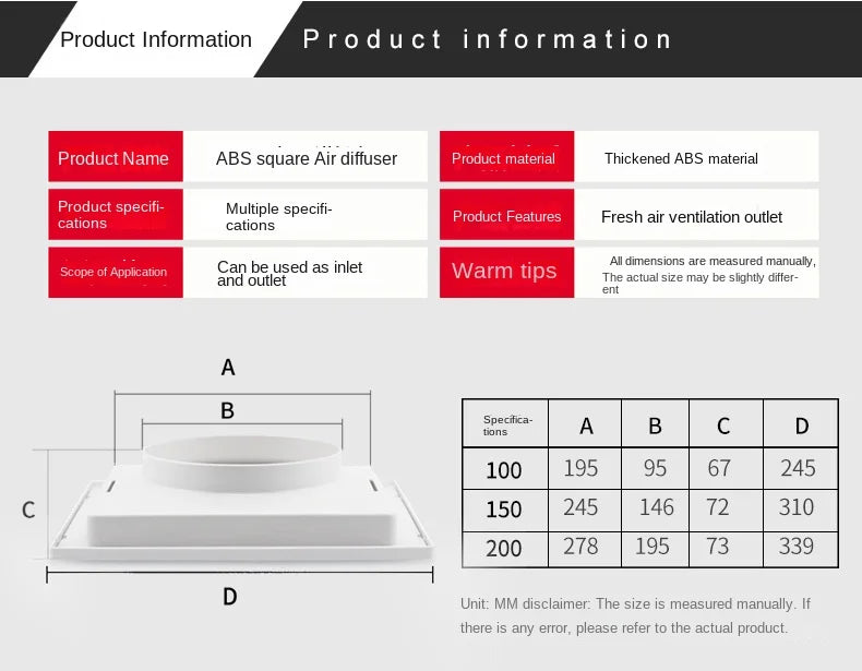 ABS Square Air Conditioner Diffuser - Ceiling Vent Outlet for Duct Exhaust and Ventilation Hood