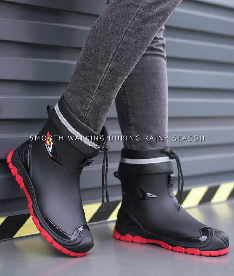 Men’s Ankle-High Fleece-Lined Rain Boots – Waterproof, Anti-Slip, Wear-Resistant Work & Fishing Shoes