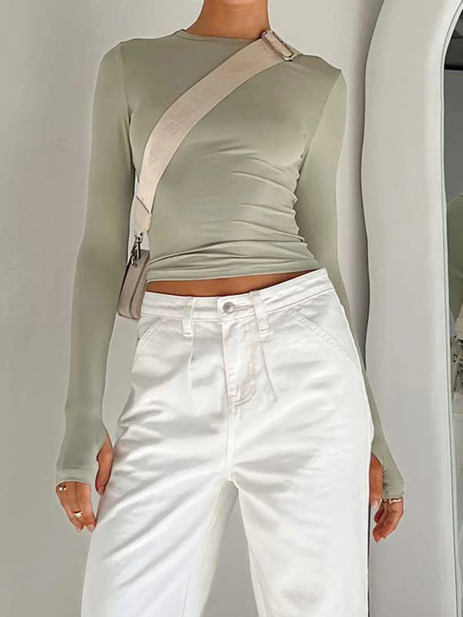 Stylish Women's Long Sleeve Crew Neck Crop Top | Solid Slim Fit T-shirt with Thumb Holes | Perfect for Daily Streetwear & Summer Camis