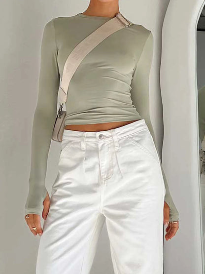 Stylish Women's Long Sleeve Crew Neck Crop Top | Solid Slim Fit T-shirt with Thumb Holes | Perfect for Daily Streetwear & Summer Camis