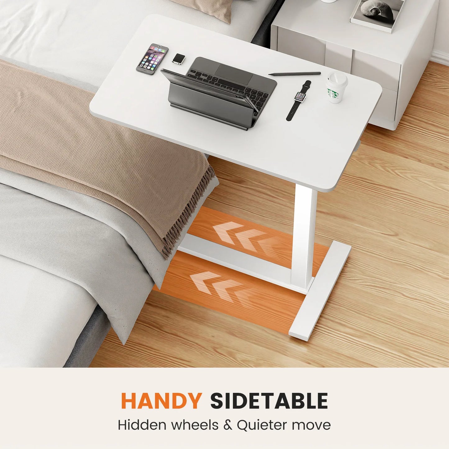 Overbed Bedside Table – Adjustable Height Sofa Table with Hidden Wheels for Laptop & Mobile Use
