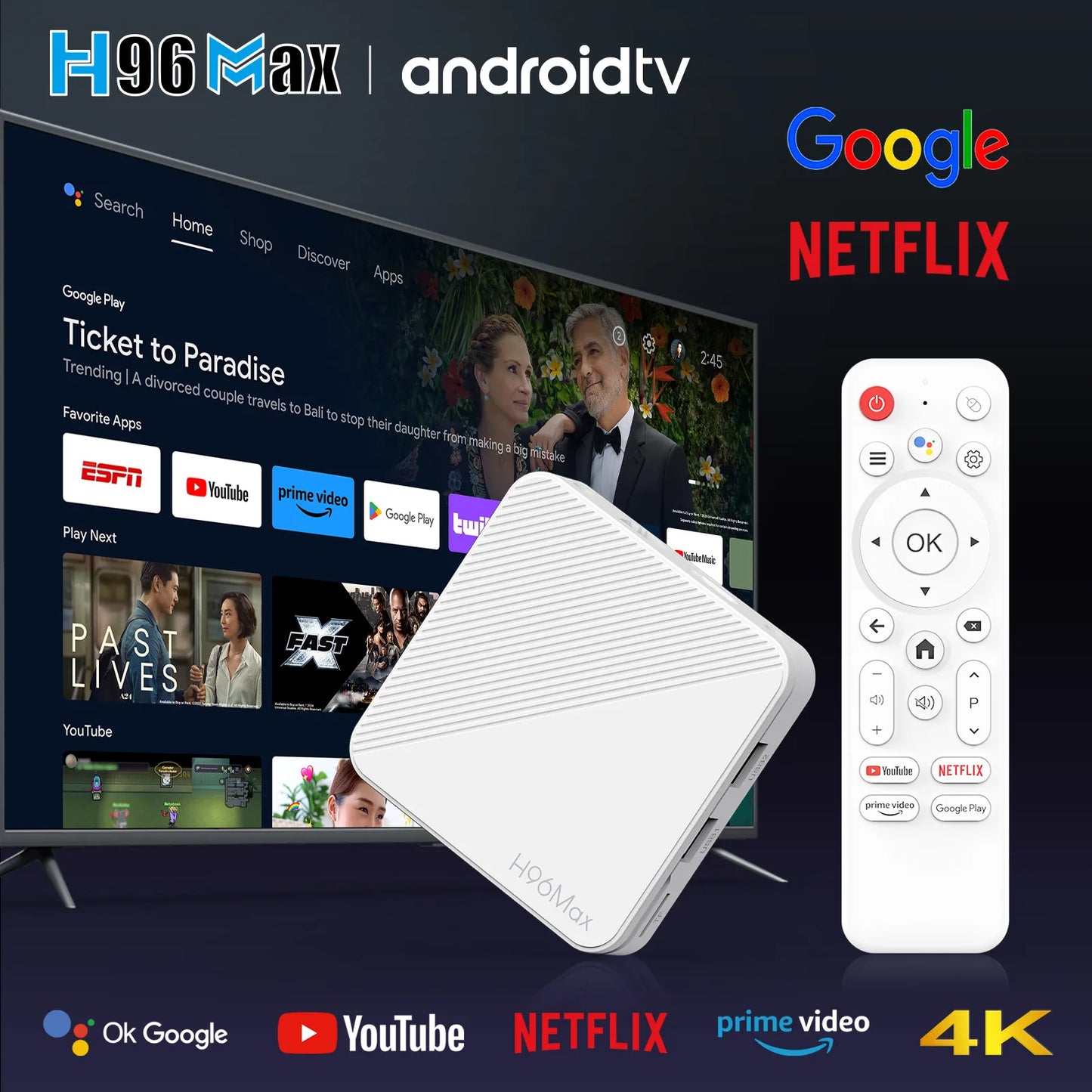 4K Android 14 Smart TV Box, 2GB RAM, 8GB/16GB Storage, HDR10+, Dual WiFi, Bluetooth, Quad-Core HD Media Player