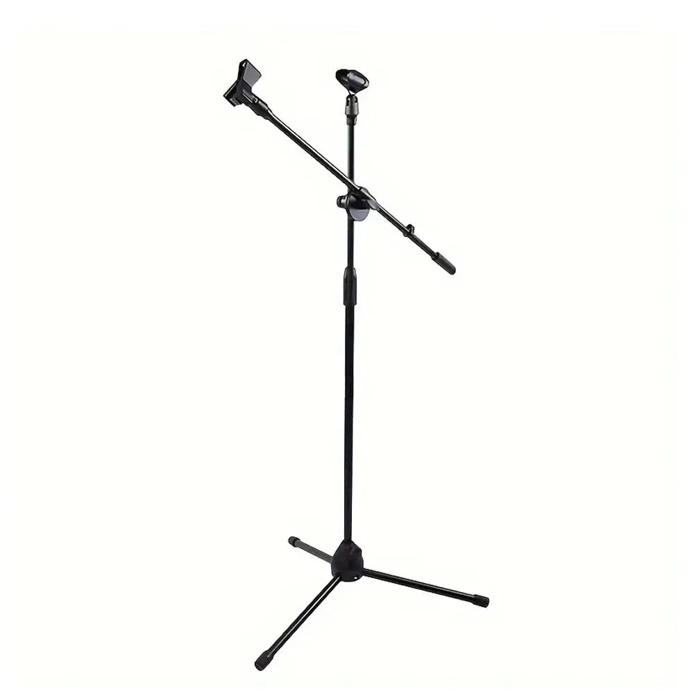 Adjustable Tripod Microphone Stand – Boom Mic Stand with Dual Mic Clip Holder, Collapsible Studio Mic Bracket for Recording & Live Use