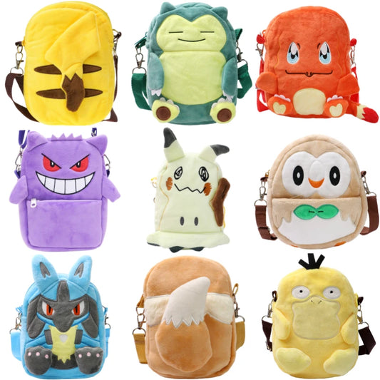 New Pokémon Plush Bag — Pikachu, Mimikyu, Gengar, Lucario, Rowlet, Eevee, Snorlax Soft Stuffed Toy Shoulder Backpack