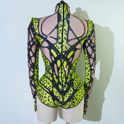 Sexy Sparkly Green Rhinestone Bodysuit – Stage Dance Costume for Party, Bar Show, Drag Queen, Cosplay & Halloween