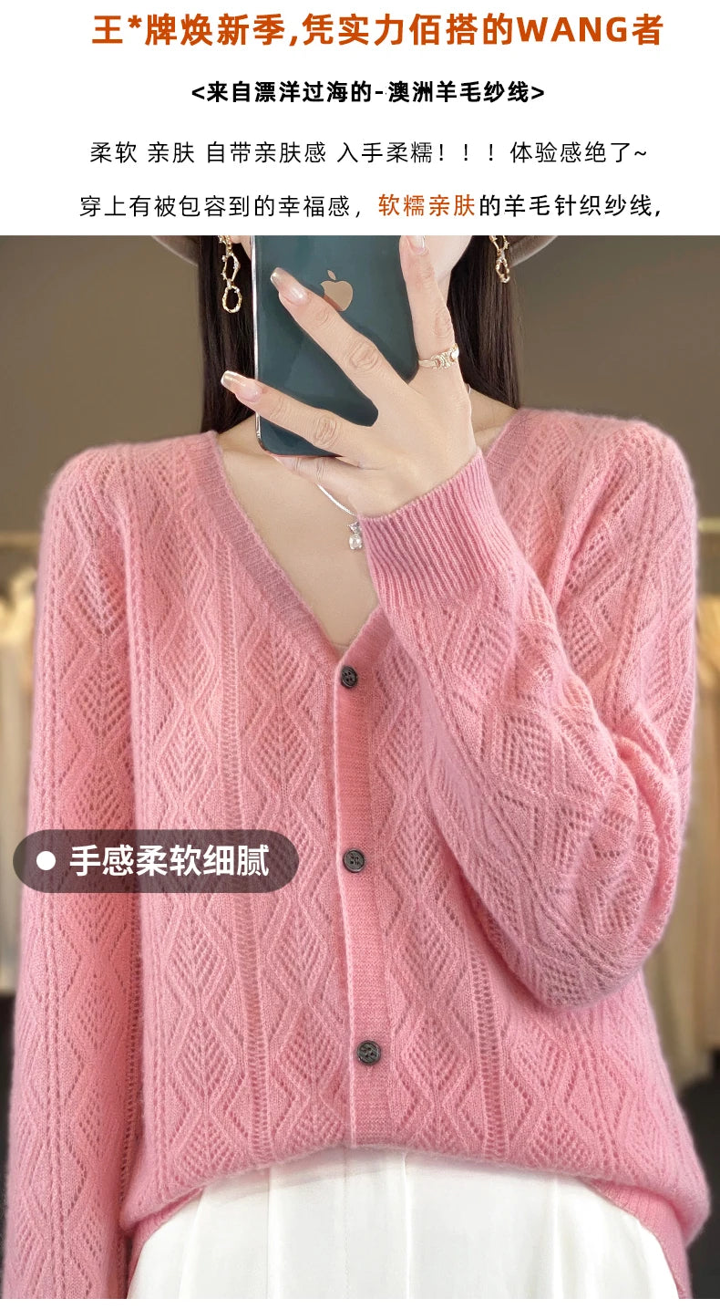 Women's 100% Wool Cashmere Cardigan – V-Neck, Super Soft, Loose Fit, Long Sleeve Knit Sweater