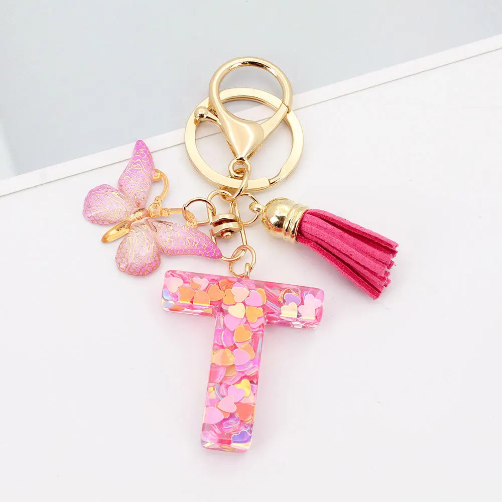 A-Z Letter Acrylic Keychain - Pink Butterfly Tassel Bag Charm & Key Ring