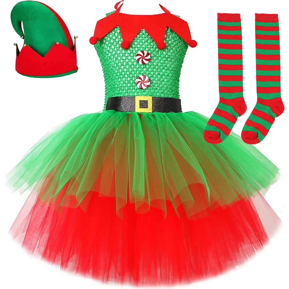 Red & Green Christmas Elf Costumes for Girls – Kids Xmas Fairy Dresses with Hat and Socks, New Year Festival Outfit