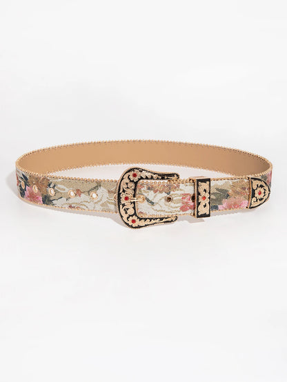 Women’s Gemstone Buckle Belt - Vintage Palace Style Floral Embroidery PU Fashion Accessory