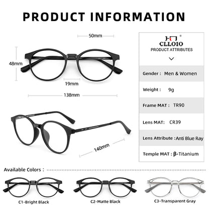 CLLOIO Ultra-Light TR90 Round Blue Light Blocking Reading Glasses, Unisex Titanium Frame for Myopia & Hyperopia Prescription Eyewear (+1.56)