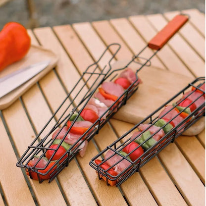 Wooden Handle Outdoor Barbecue Cage - Camping Meat and Vegetable BBQ Net Rack, Ideal Picnic Barbecue Tools
