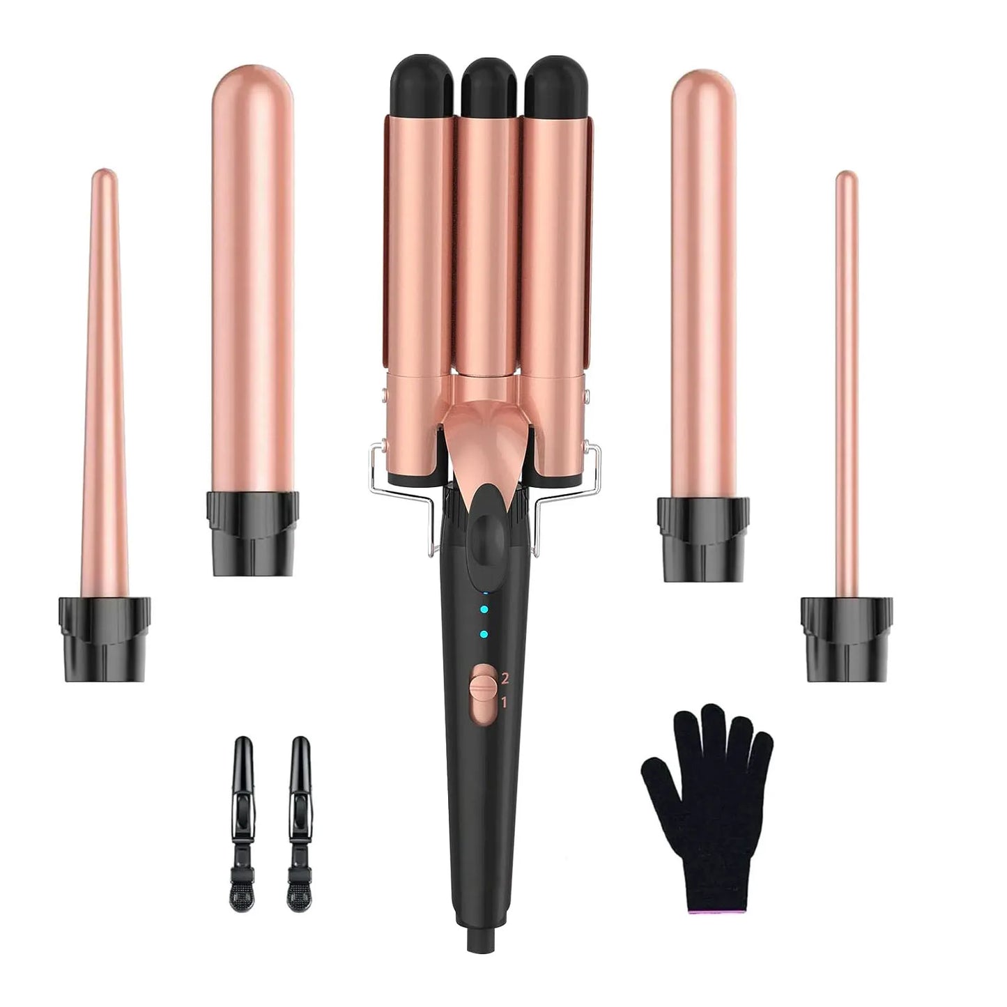 5 in 1 Hair Curler Wand Set with Curling Brush – 0.35” to 1.25” Curling Iron, Heat Resistant Glove & Hair Clips