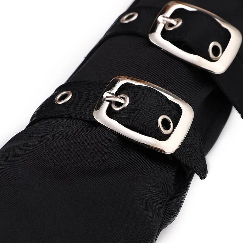 Women’s Punk Rivet Fingerless Gloves – Gothic Hip Hop Half Finger Wrist Mittens with Eyelet Ribbon, Harajuku Party & Streetwear Elbow Gloves