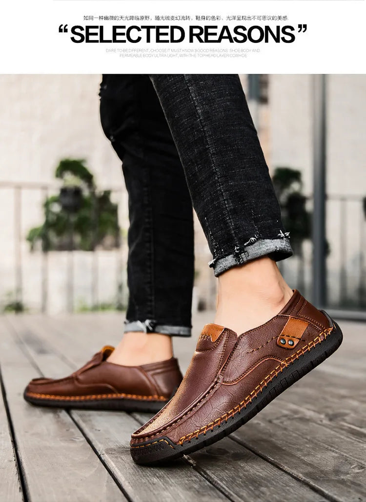 Handmade Leather Men’s Loafers – Casual Slip-On Flats, Comfortable Outdoor Walking Shoes