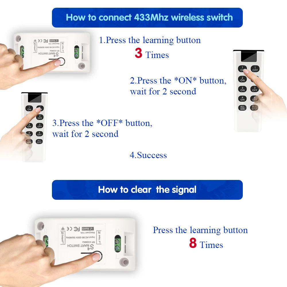 Wireless RF 433MHz Remote On/Off Light Switch Controller, AC 220V 10A Relay for Ceiling Lamp, LED, and Fan Smart Home Control