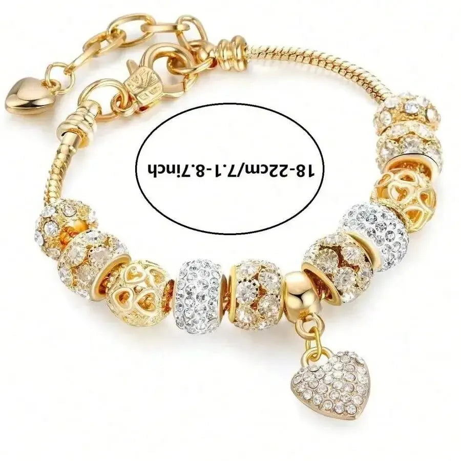 Obega Love Heart & Flower Glass Pendant Charm Bracelet - Adjustable Pink & White Crystal Stone Bead Bracelet in Silver/Gold