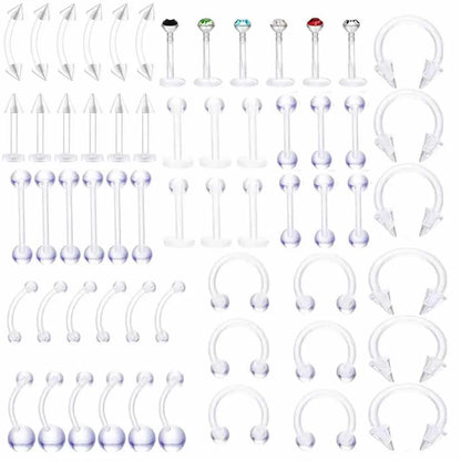 10/60PCS Clear Acrylic Body Jewelry – Transparent Lip, Ear, Nose, Tongue, Eyebrow & Belly Rings