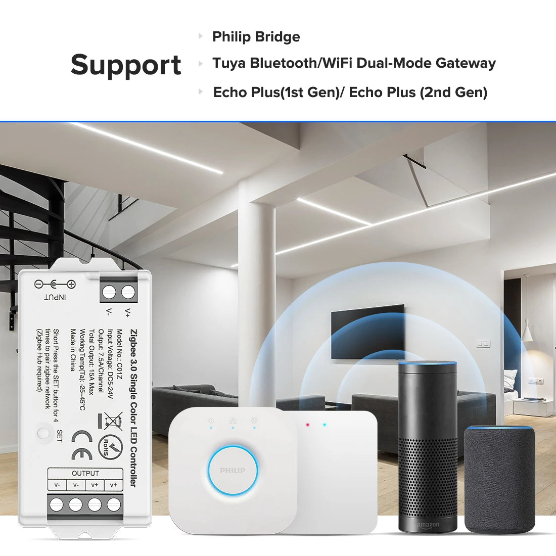 Zigbee 3.0 WiFi LED Controller, PWM Dimmer RGB/RGBW/RGBCCT Strip Light Bridge Tuya Dual Mode Gateway, DC 5V–24V Smart Lighting Control