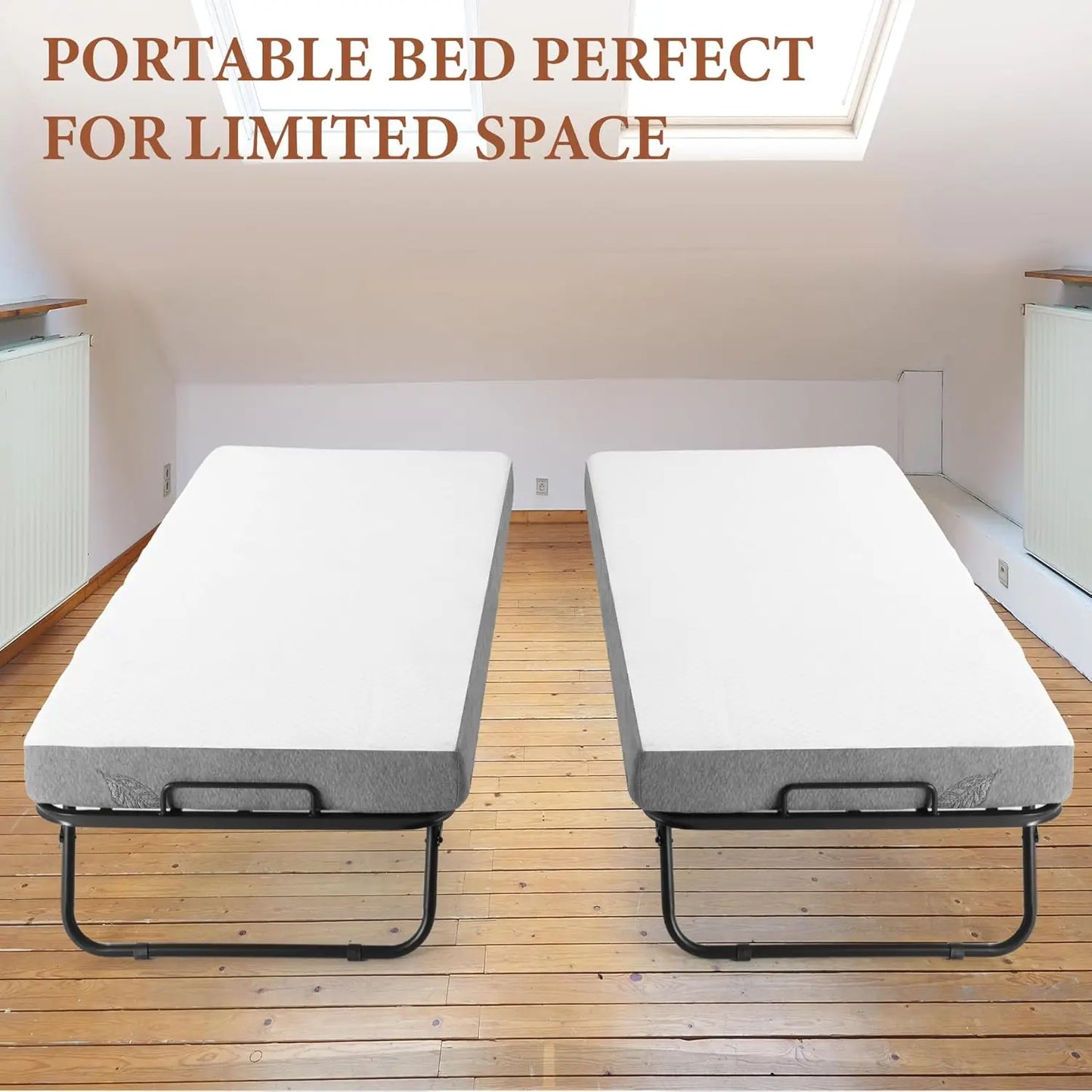 Twin Size Foldable Metal Bed Frame with Foam Mattress – Rollaway Space Saving Guest Bed with Lockable Wheels (75”x31”)