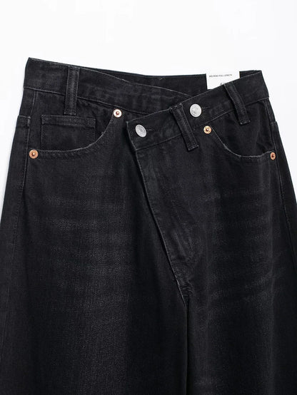 TRAF Women’s Basic Hundred Jeans — High Waist Asymmetric Wide-Leg Trousers, Casual Straight-Leg Fashion Jeans