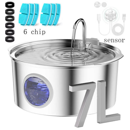 7L Stainless Steel Pet Water Fountain - Ultra-Quiet Large Capacity Water Bowl for Dogs, Cats & Multi-Pet Homes