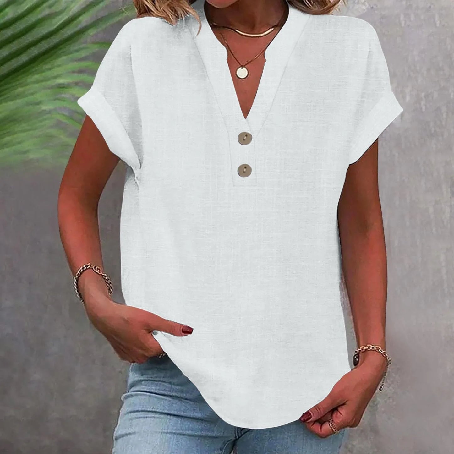 Women’s Cotton Linen Button-Down V-Neck Shirt – Breathable Solid Color Summer Office Casual Top 2025