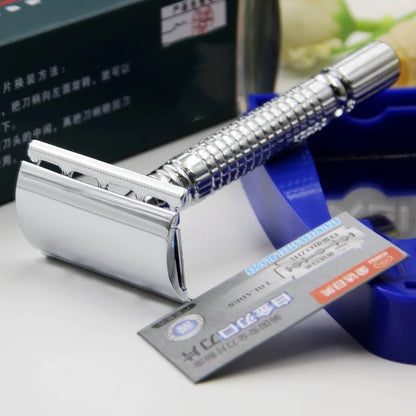 Men’s Shaving Razor with Blade – Silver Folding Stainless Steel Straight Razor for Facial Hair, Barber Shaving Tool with Holder
