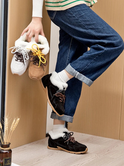 AIYUQI Women's Genuine Leather Sneakers – Retro German Trainers, Winter Velvet Fur, Flat Casual Shoes
