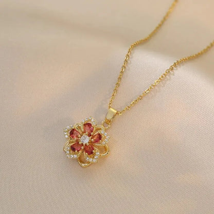 Light Luxury Gold Zircon Flower Pendant Necklace for Women – Elegant Spin Design High-End Party Jewelry Gift Chain Necklace