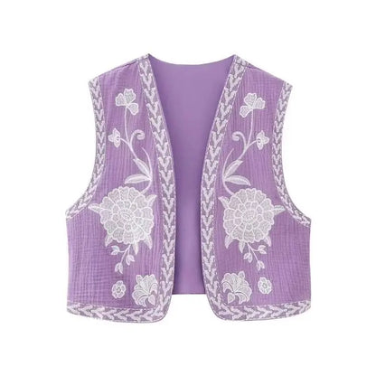 KEYANKETIAN Women's Vintage Floral Embroidered Open Waistcoat – National Style Vest Jacket, Casual Vacation Crop Top