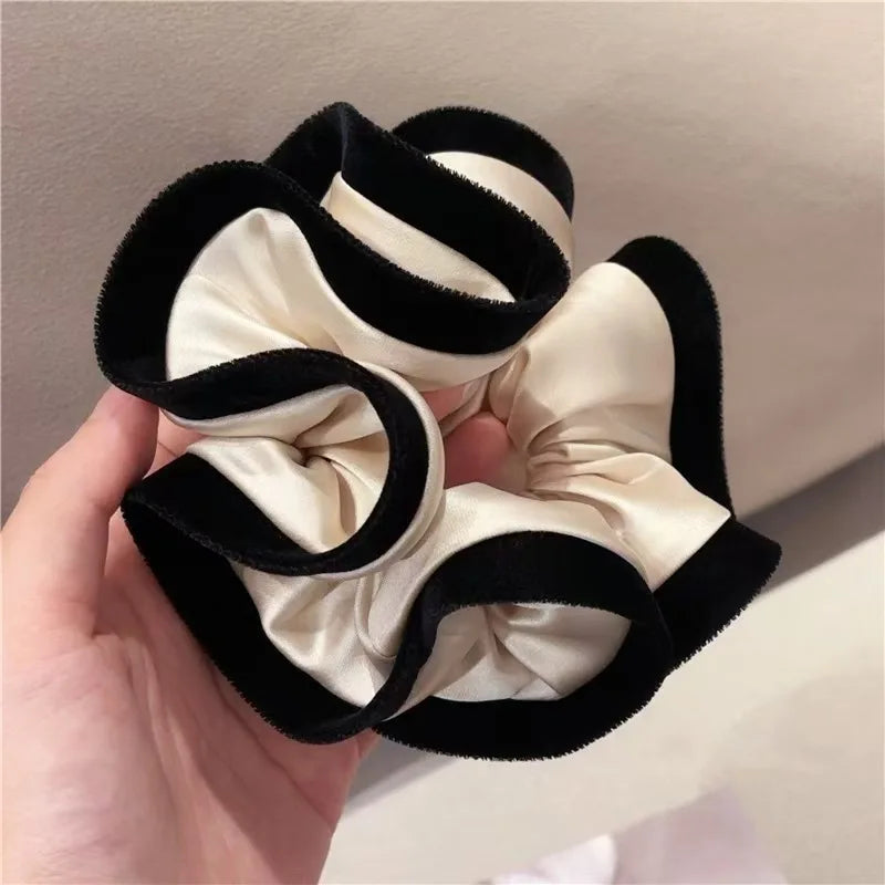 Velvet-Edged Satin Bloom Scrunchie - Elegant Hair Tie for Everyday Style
