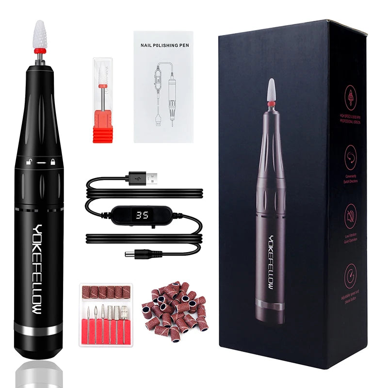 YOKEFELLOW Professional Nail Drill Kit – 35000RPM Rechargeable Electric Nail File for Manicure, Acrylic & Gel Nails