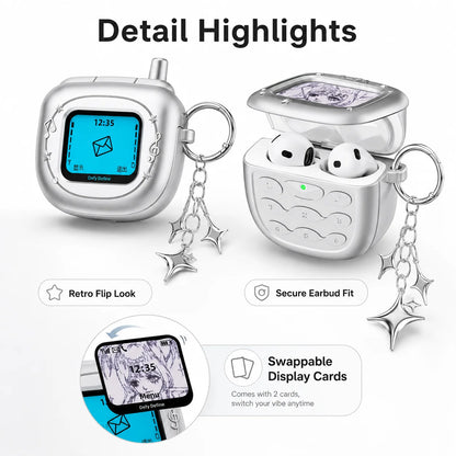 Retro Flip Phone AirPods Case - Y2K Matte Silver Earbuds Cover with Pendant Charm