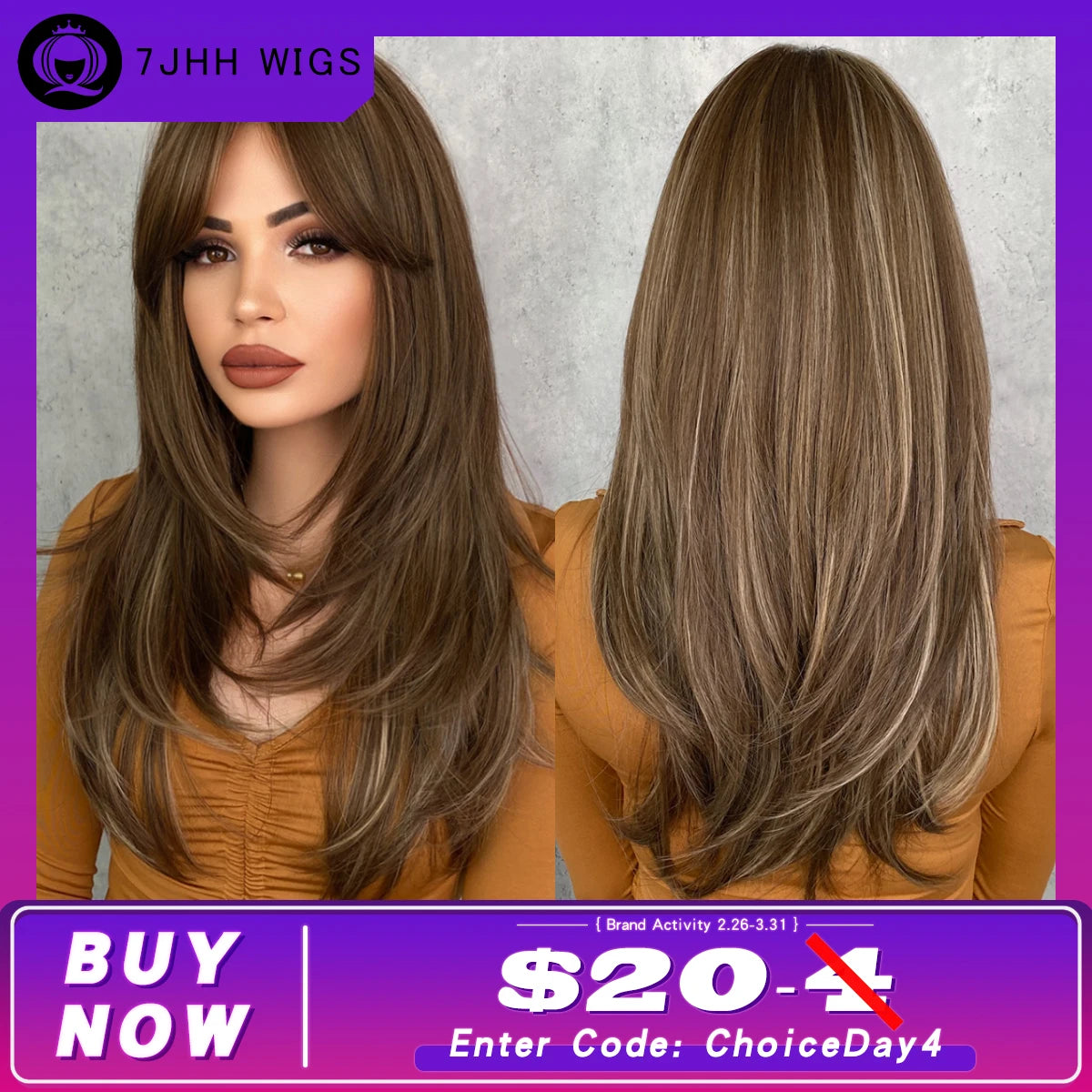 7JHH Honey Blonde Wig with Bangs - Long Brown Layered Heat Resistant Synthetic Wig for Women, Daily Use