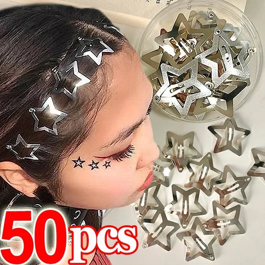 2/50PCS Y2K Silver Star Hair Clips – Filigree Metal Snap Hairpins for Girls, Nickel-Free Hair Jewelry Barrettes