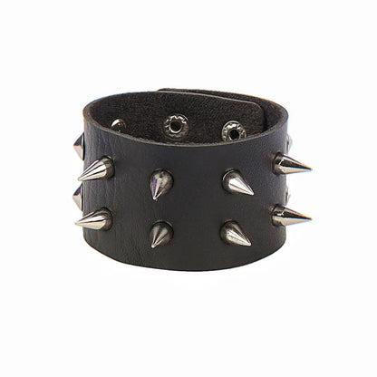 90s Punk Style Bracelet – PU Leather with 3 Rows of Spikes & Square Studs, Fashion Bangle for 2024