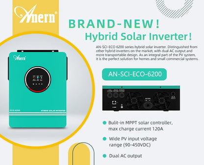 Solar Off-Grid Hybrid Inverter 3600W/4200W/6200W - MPPT Controller 24V/48V/220V, 120A, for Hybrid Solar Systems