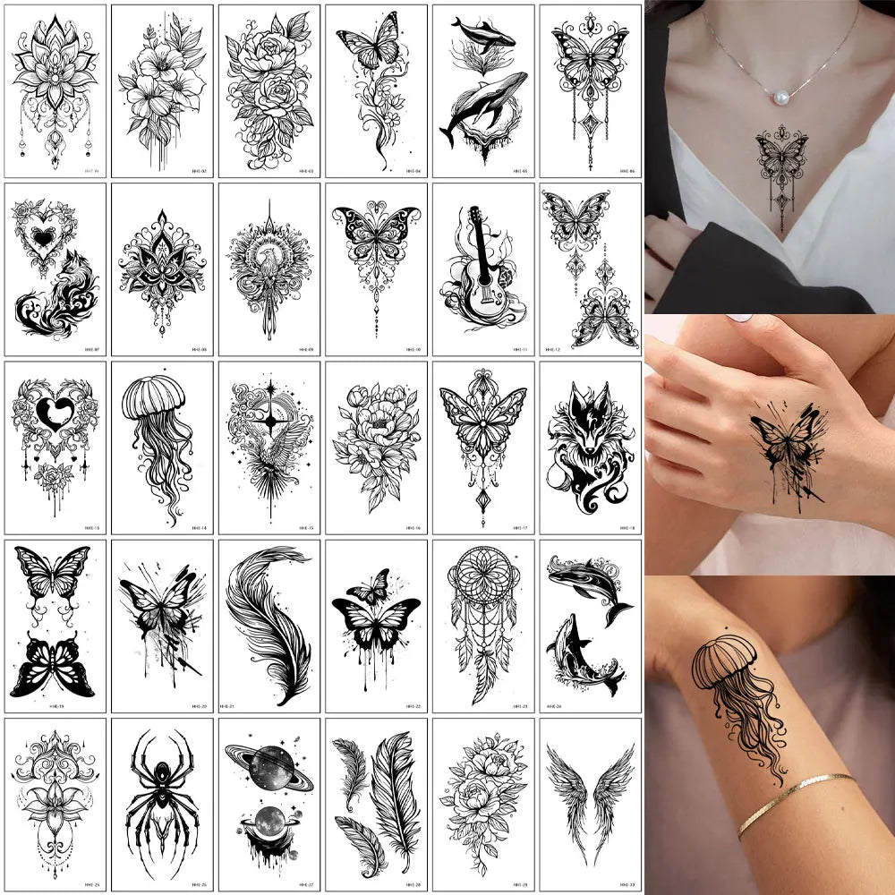 30pcs Black Temporary Tattoo Stickers - Flower Butterfly Rose Moon Star Mandala Designs for Hand, Chest & Body Art