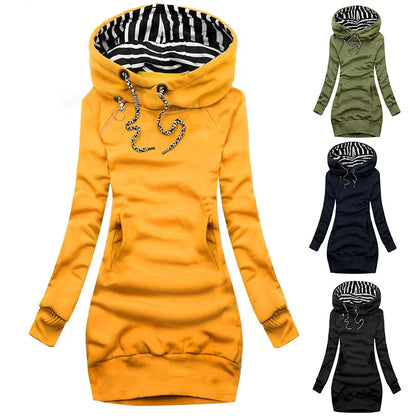 Casual Solid Color Hoodie Dress - Long Sleeve Slim Hooded Pullover Sweatshirt Dress with Drawstring
