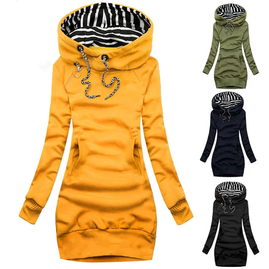 Casual Solid Color Hoodie Dress - Long Sleeve Slim Hooded Pullover Sweatshirt Dress with Drawstring