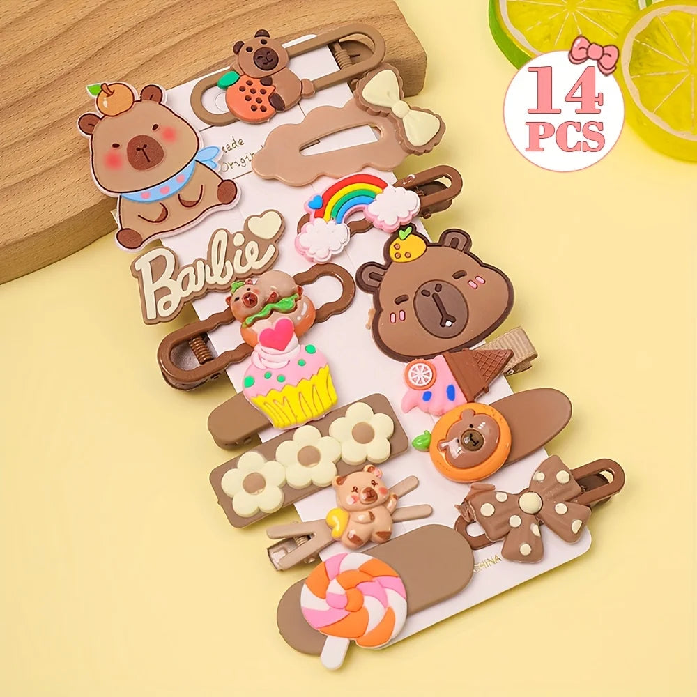 14-Piece Cute Capybara Hair Clip Set - Multicolor Butterfly and Flower Fashion Hair Accessories for Girls
