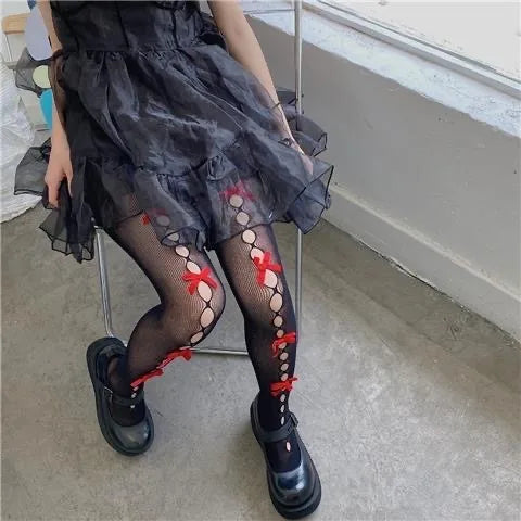 Bowknot Lace Fishnet Pantyhose - Y2K Hollow Out Tights for Women