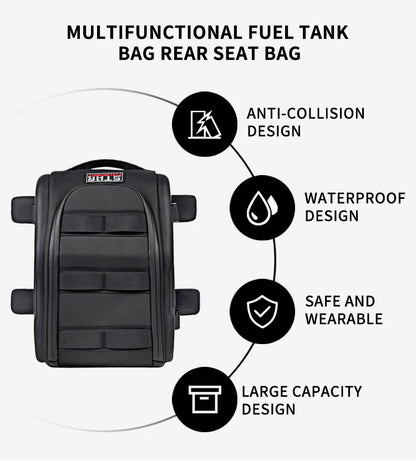 Waterproof Motorcycle Seat Back Bag – Large Capacity Hard Tail Box Luggage for Racing & Riding, Black Fuel Tank Motorbike Storage