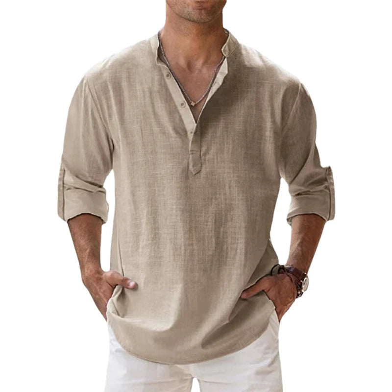 Men's Cotton Linen Henley Shirt - Lightweight Long Sleeve Casual Beach Summer Top