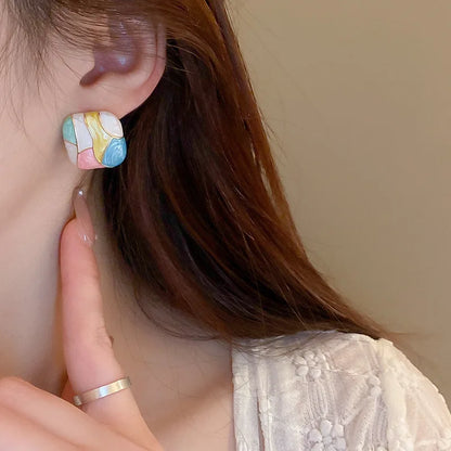 Colorful Square Patchwork Stud Earrings – Romantic Ear Jewelry for Women Christmas Gift