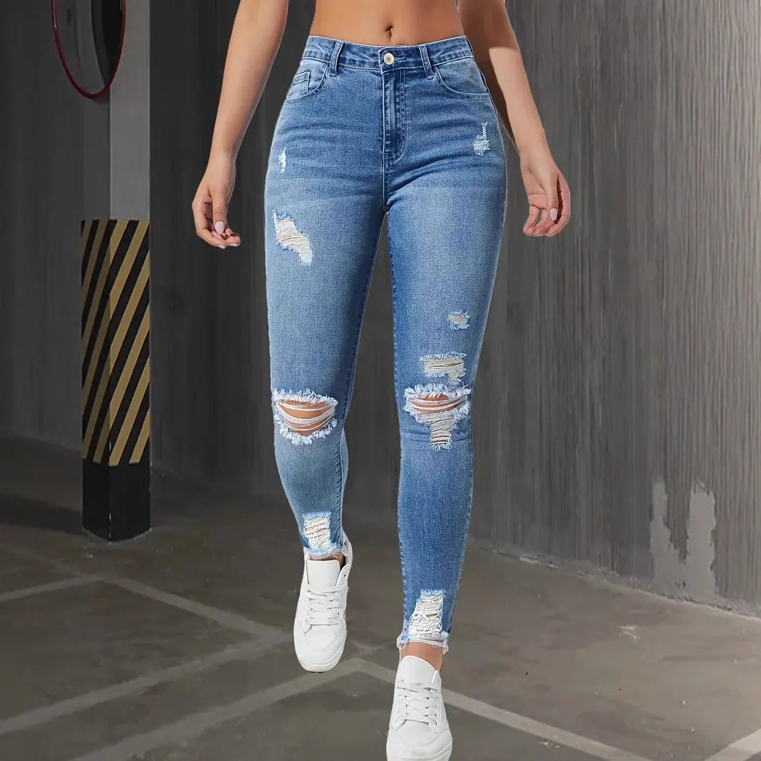 Women’s 2025 Ripped Skinny Jeans - High Waist Stretch Slim Fit Retro Denim Trousers for Autumn Fashion